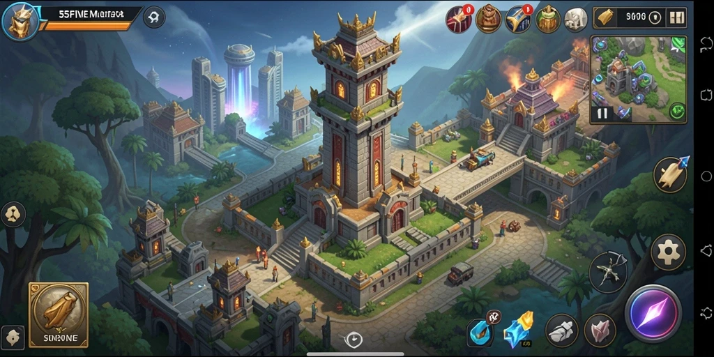 Tampilan gameplay utama dari 55FIVE menunjukkan taktik Tower Defense yang mendebarkan.